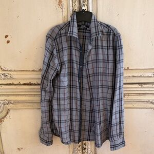Guess Men's Blue Plaid Button-Down Shirt with Navy and Burgundy Lines